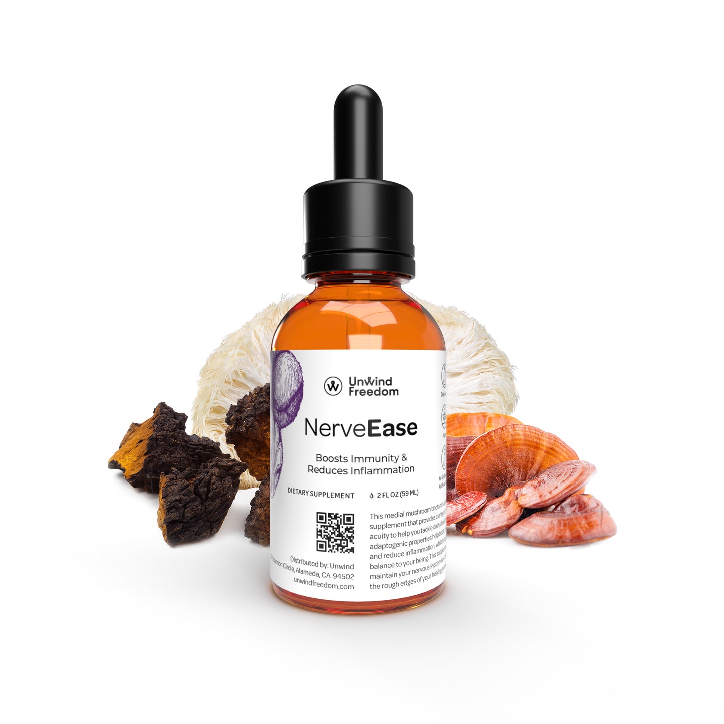 bottle of NerveEase mushroom tincture with lion's mane, reishi, chaga in white background